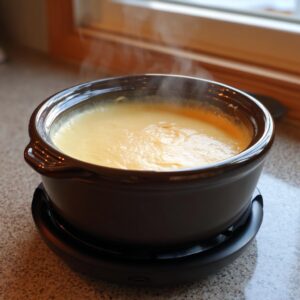 A close-up of hot, creamy cheese fondue recipe bubbling gently in a dark brown ceramic pot on a warmer.