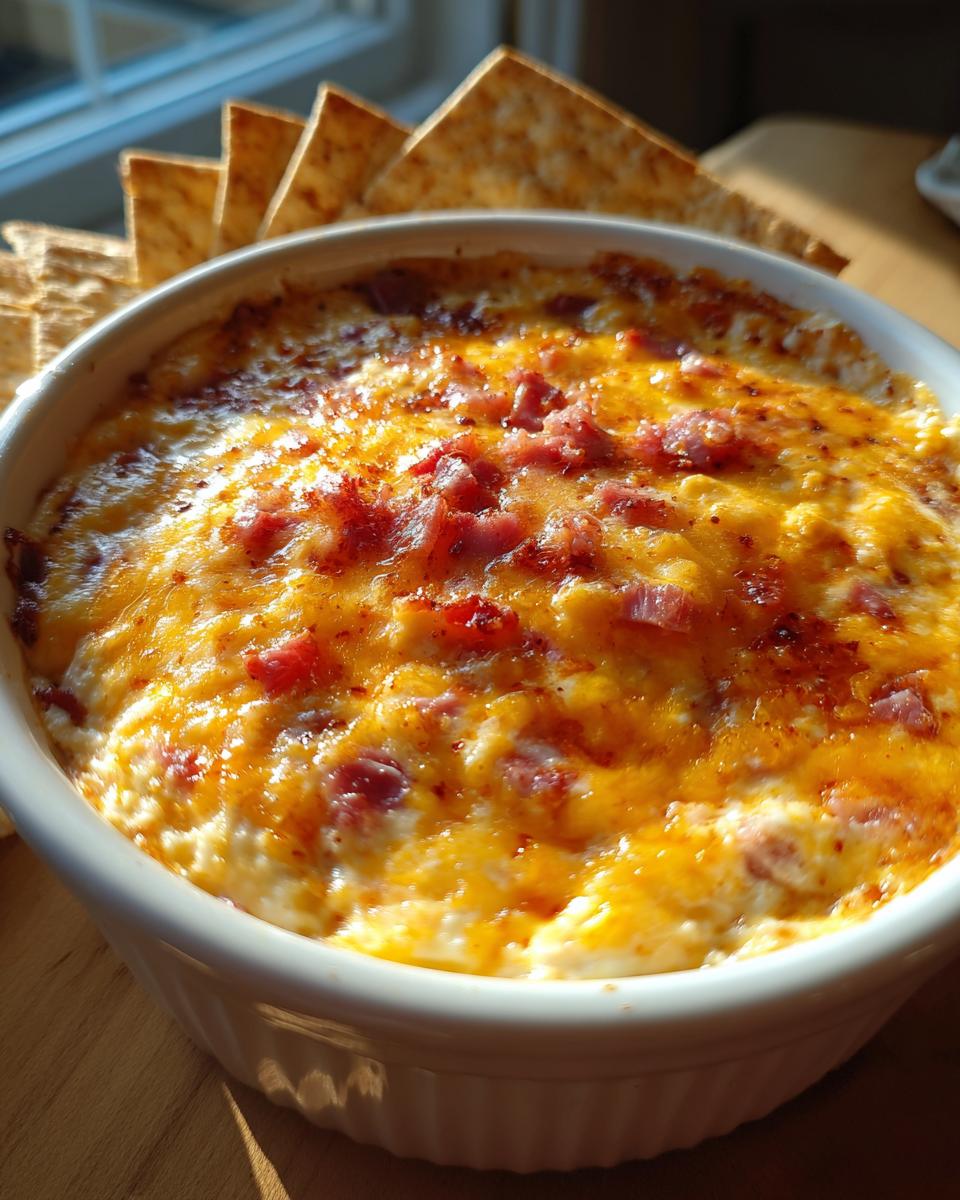 Close-up of a bubbling, baked reuben dip topped with melted cheddar cheese and corned beef pieces, served with crackers.
