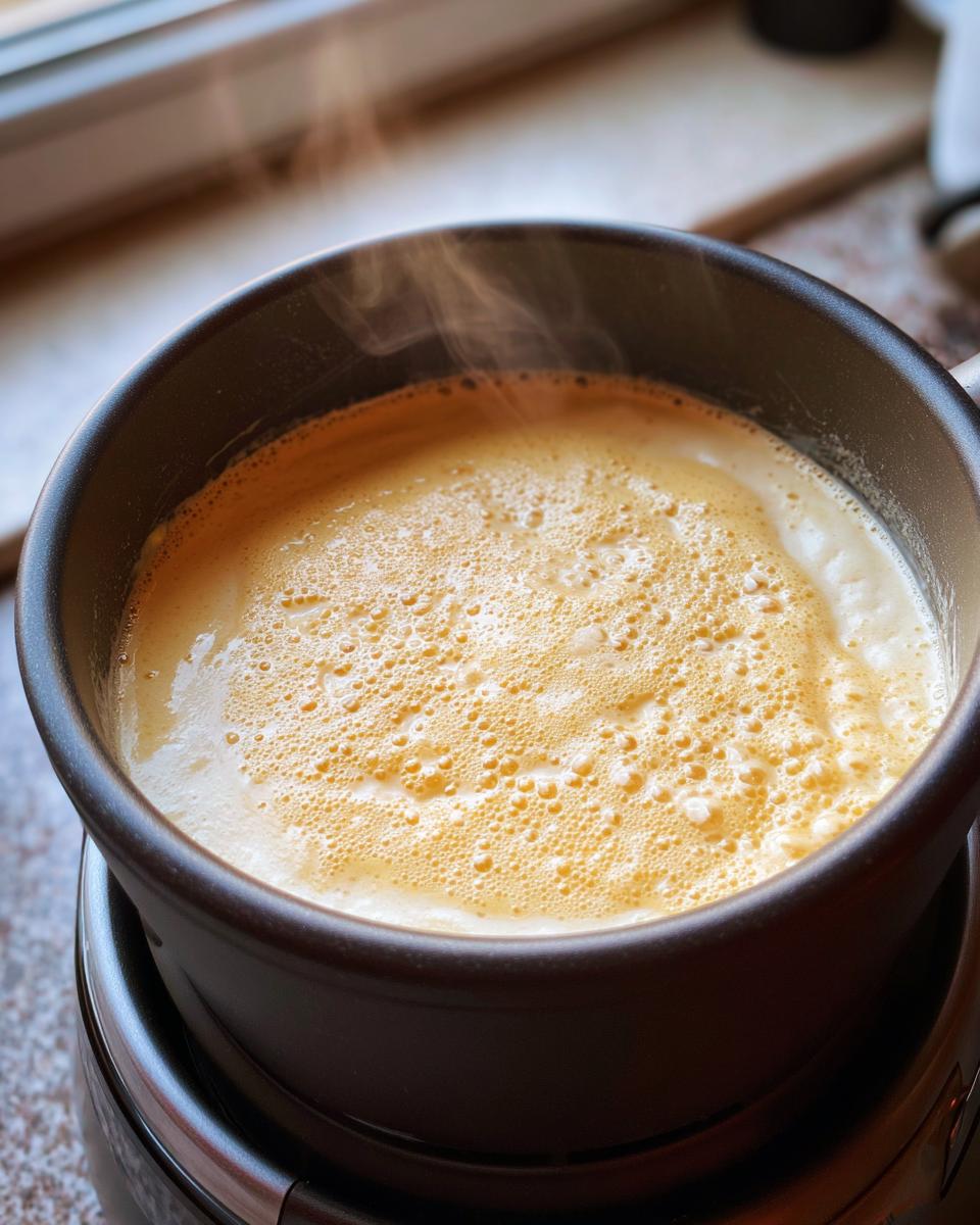 Close-up of hot, frothy cheese fondue recipe melting smoothly in a dark pot over a warmer.