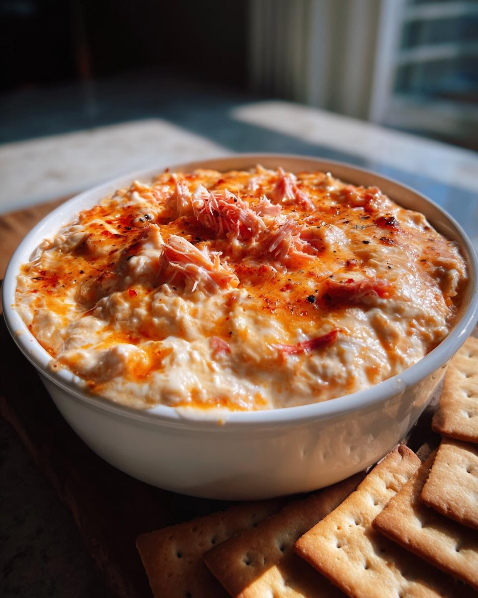 Close-up of a warm, cheesy reuben dip topped with shredded corned beef and paprika, served with crackers.