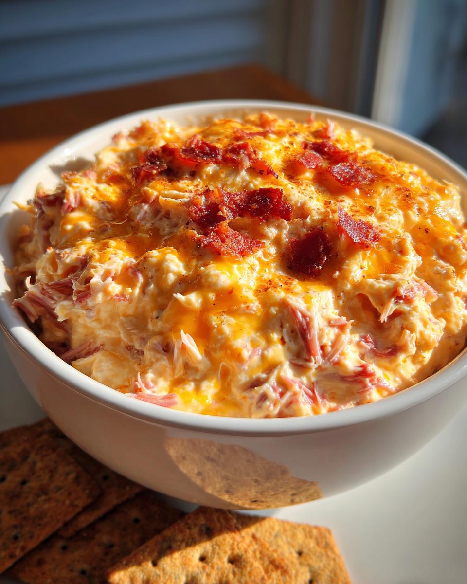 Close-up of a warm, cheesy Reuben dip topped with bacon bits, served in a white bowl next to crackers.
