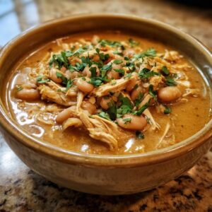 Close-up of a bowl filled with creamy instant pot white chicken chili, featuring shredded chicken, white beans, and fresh parsley.
