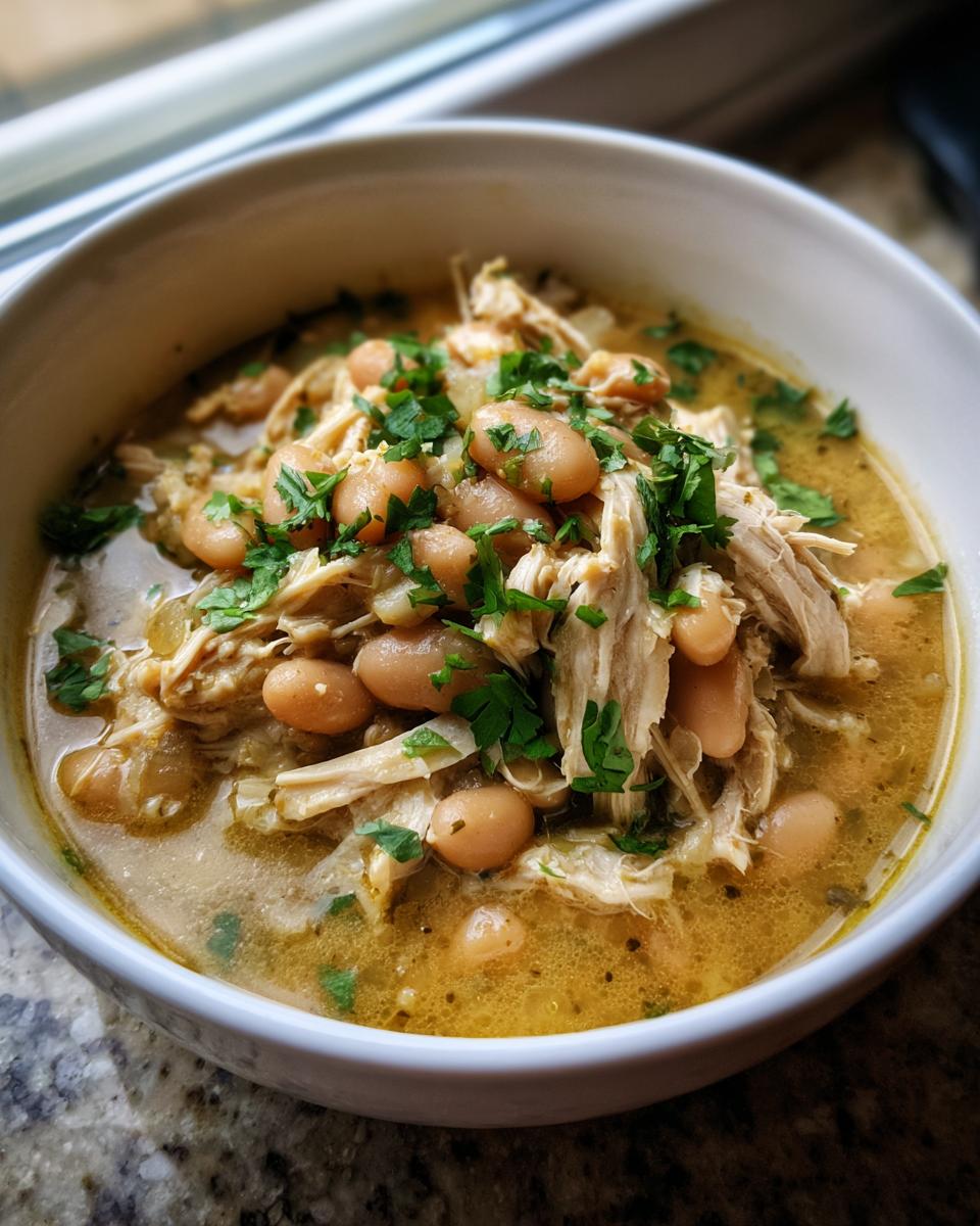 A close-up bowl of rich instant pot white chicken chili featuring shredded chicken, white beans, and fresh parsley garnish.