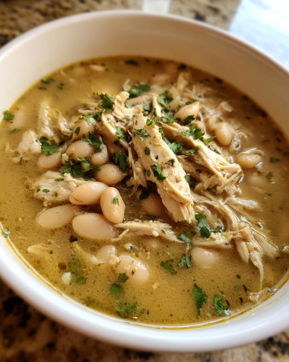Close-up of a white bowl filled with instant pot white chicken chili, featuring shredded chicken, white beans, and green herbs.