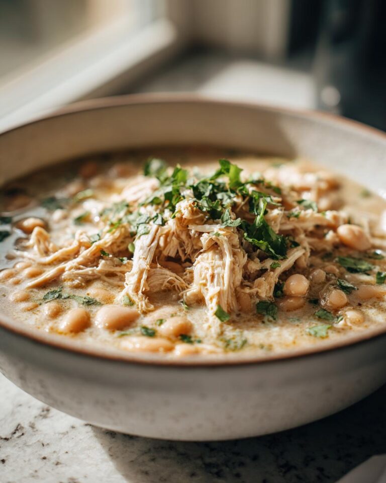 Close-up of a creamy bowl of instant pot white chicken chili topped with shredded chicken and fresh cilantro.