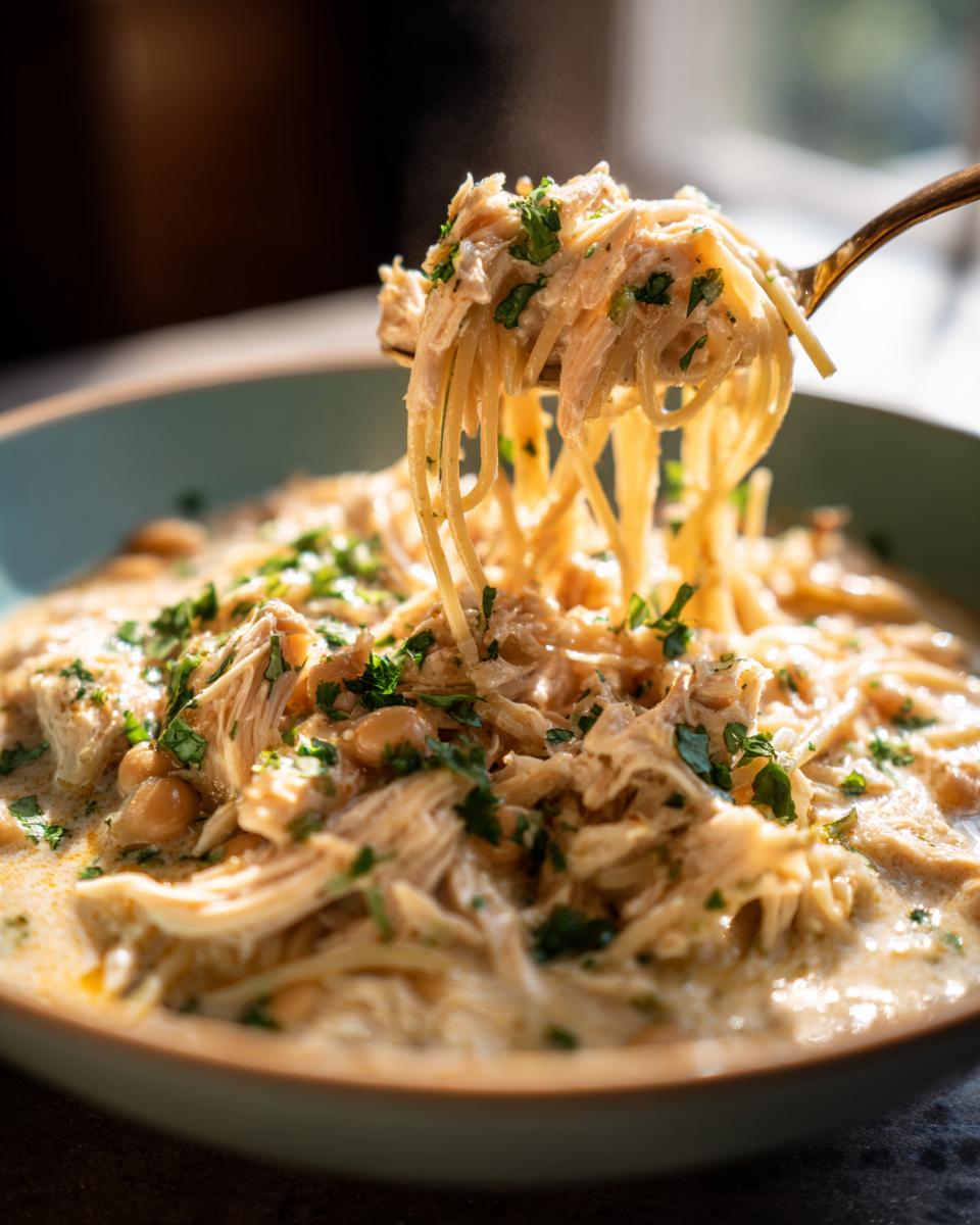A fork lifting creamy noodles and shredded chicken from a bowl of instant pot white chicken chili, garnished with parsley.