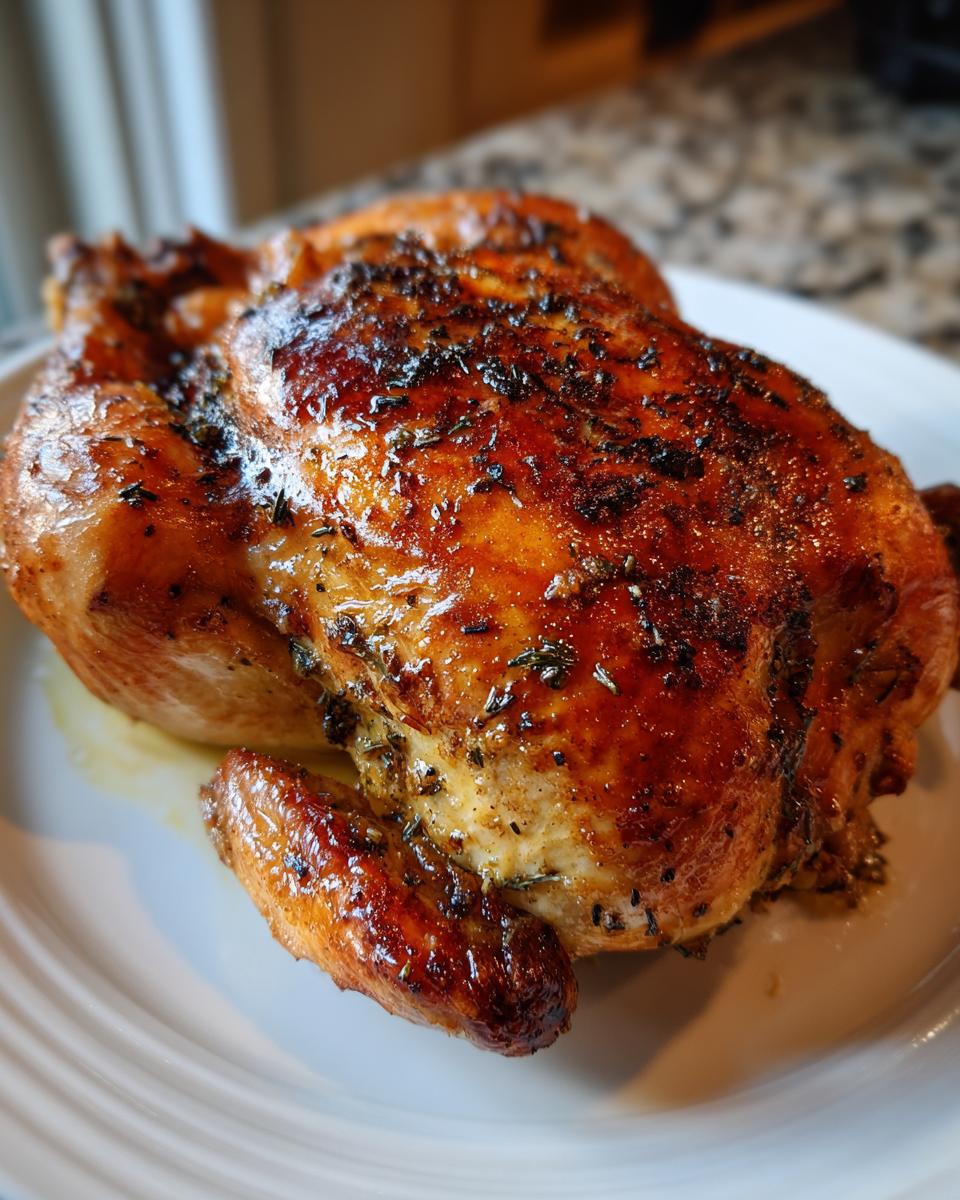 A beautifully roasted whole chicken with dark, glossy, herb-crusted skin resting on a white plate.