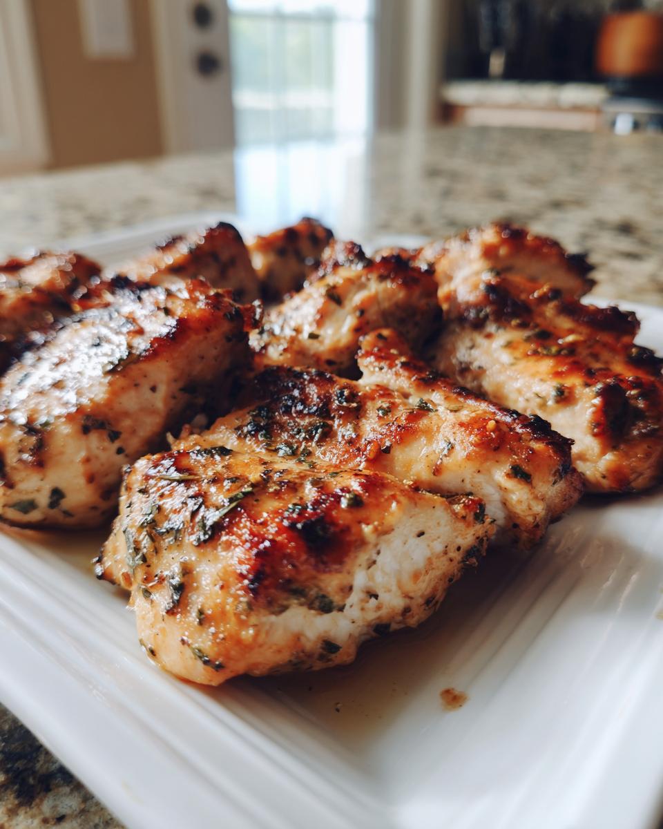 Close-up of perfectly cooked, browned chicken pieces coated in an herb chicken marinade, resting on a white platter.