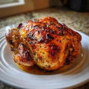 A perfectly roasted whole chicken with glossy, dark golden-brown, crispy skin seasoned with herbs.