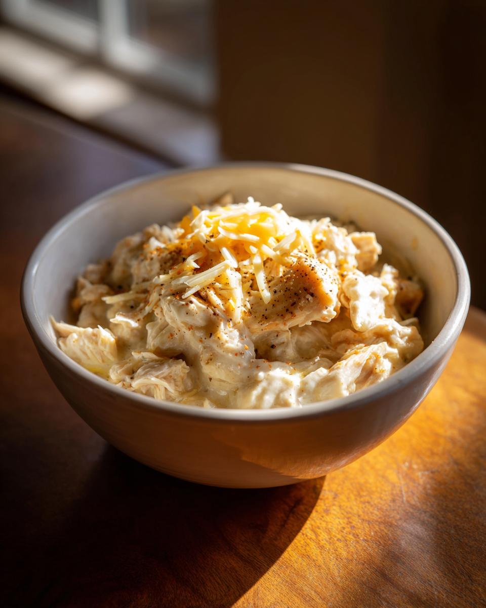 A bowl of rich keto white chicken chili topped with shredded cheese and spices, served on a wooden table.