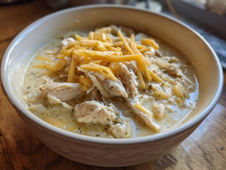 A close-up of a bowl of creamy keto white chicken chili, featuring shredded chicken and a topping of bright orange shredded cheddar cheese.