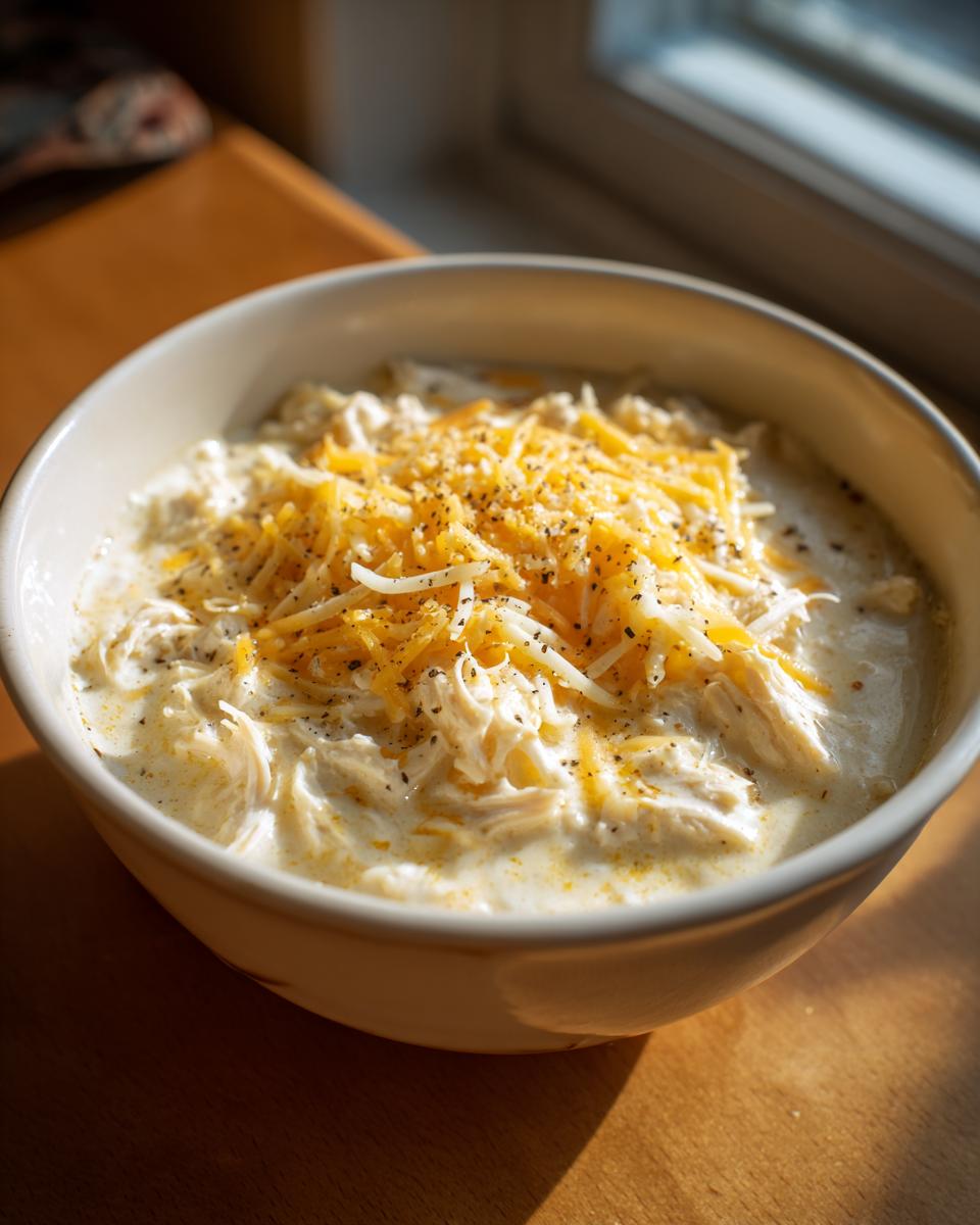 Close-up of a creamy bowl of keto white chicken chili topped with shredded cheddar and black pepper.