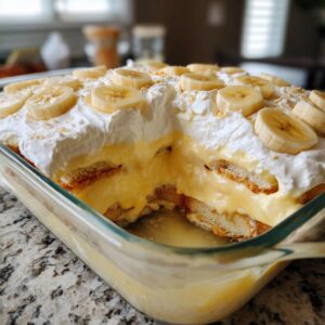 A close-up of homemade banana pudding in a glass dish showing layers of vanilla wafers, creamy pudding, whipped topping, and fresh banana slices.
