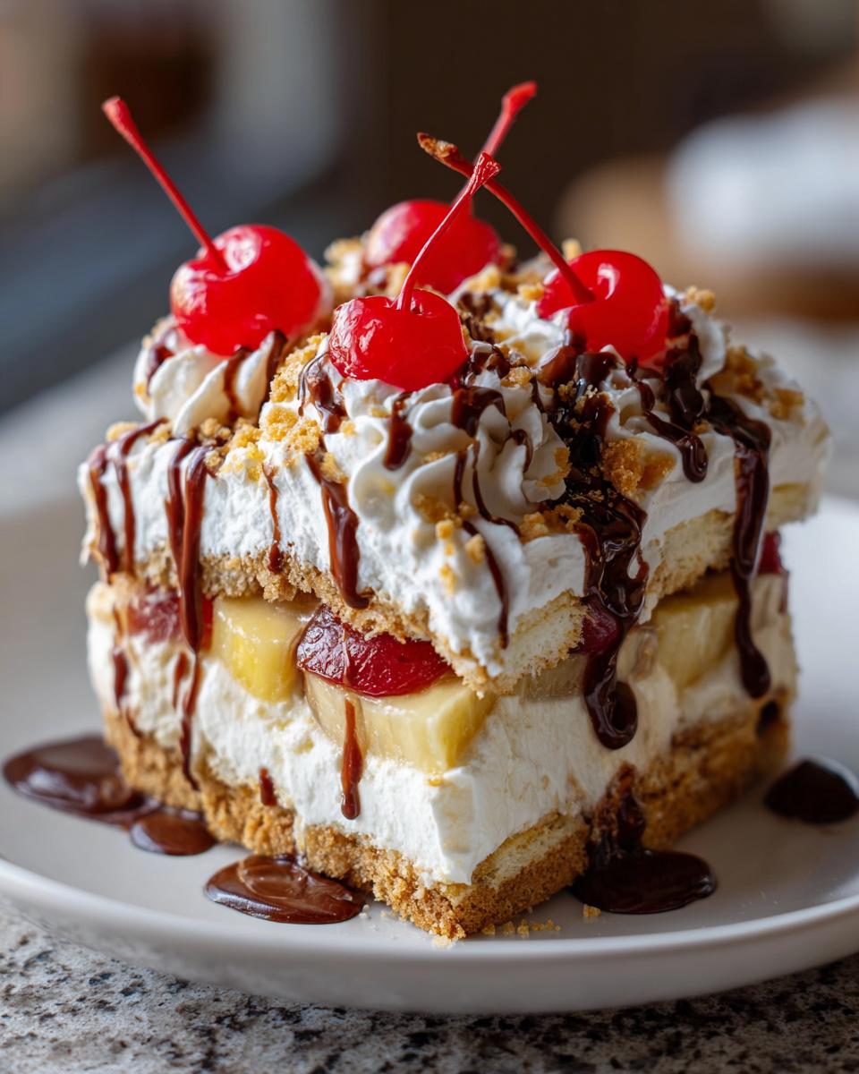 A decadent slice of banana split cake topped with whipped cream, chocolate syrup, and maraschino cherries.