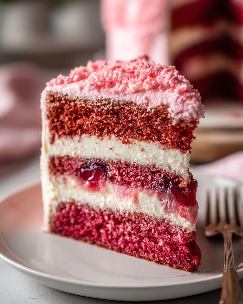 Close-up of a decadent slice of multi-layered cherry cake featuring red sponge, white cream, and visible cherry filling.