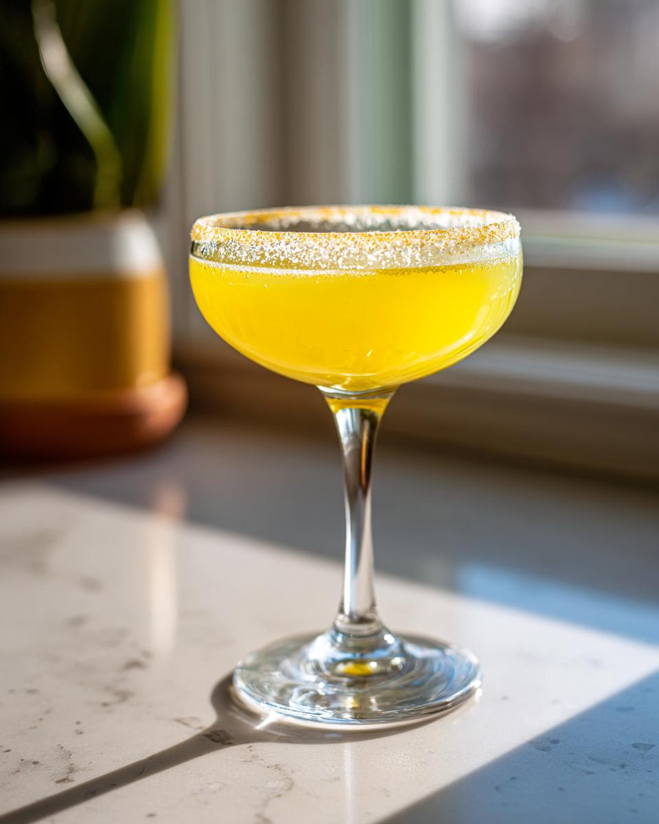 A bright yellow lemon drop martini served in a coupe glass with a sugared rim, sitting on a light countertop.