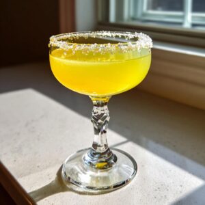 A bright yellow lemon drop martini served in a coupe glass with a sparkling sugar rim, sitting on a light countertop near a window.