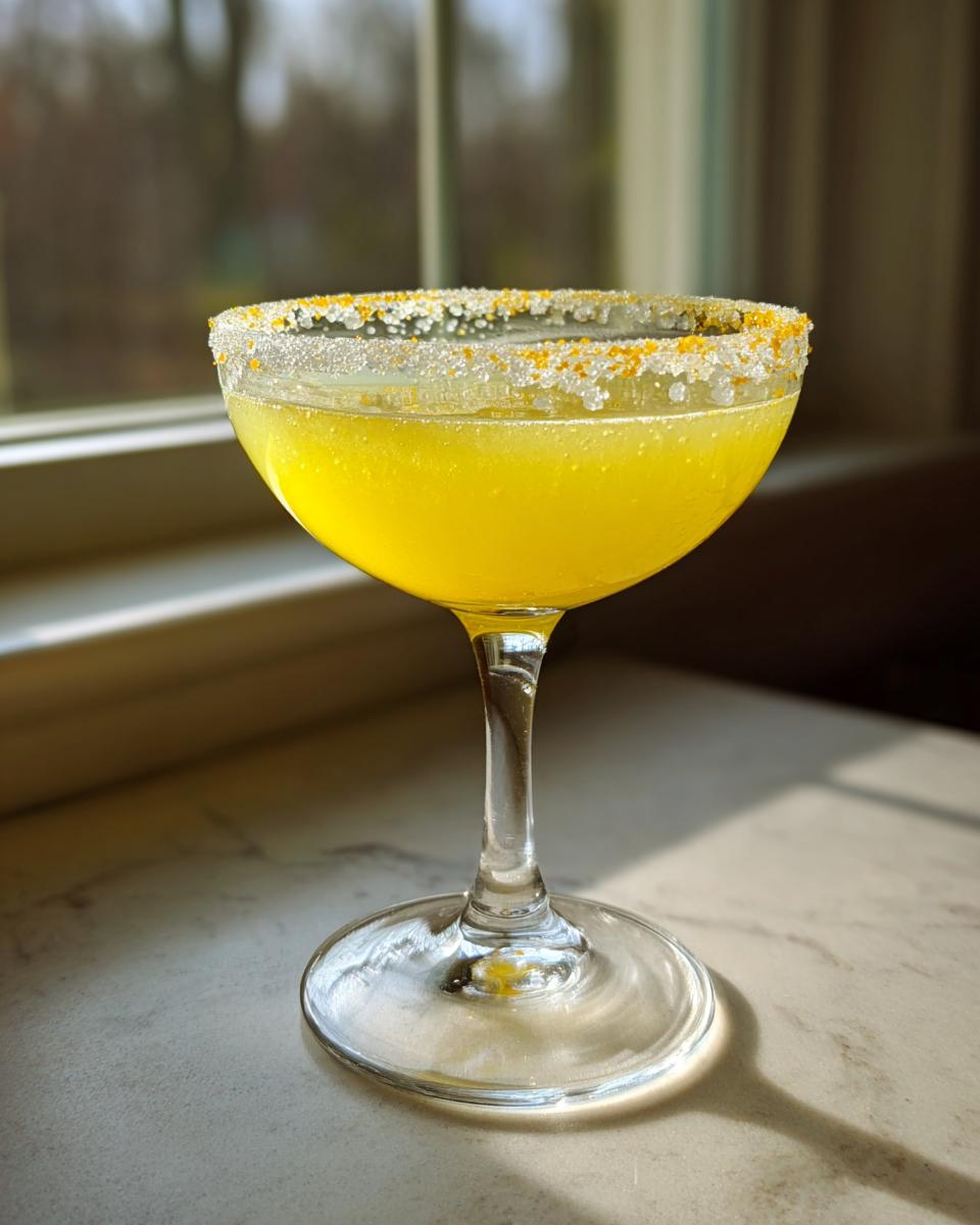 A bright yellow lemon drop martini served in a coupe glass with a sparkling sugar and zest rim, backlit by a window.