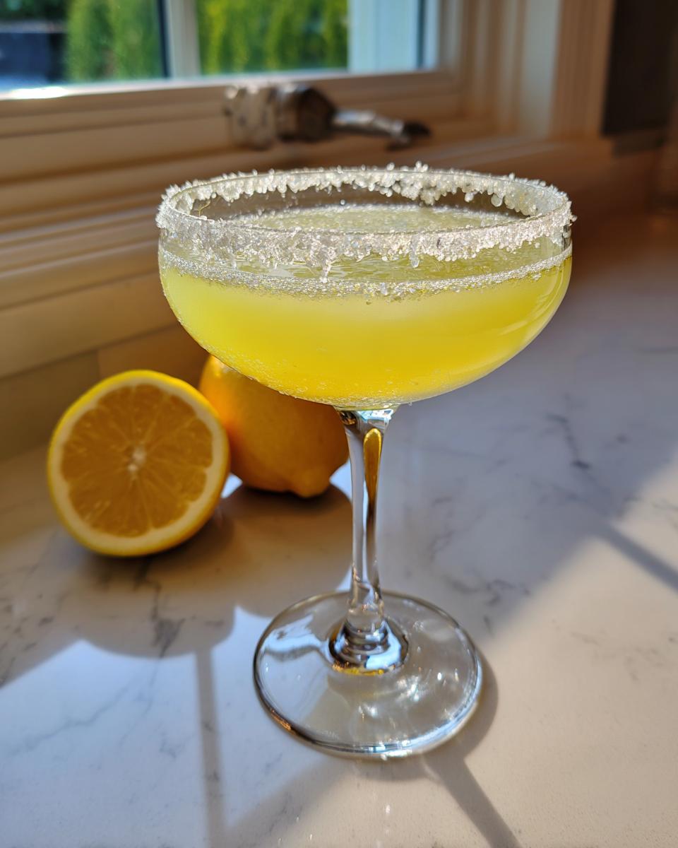 A bright yellow lemon drop martini in a coupe glass with a thick sugar rim, next to fresh lemons.