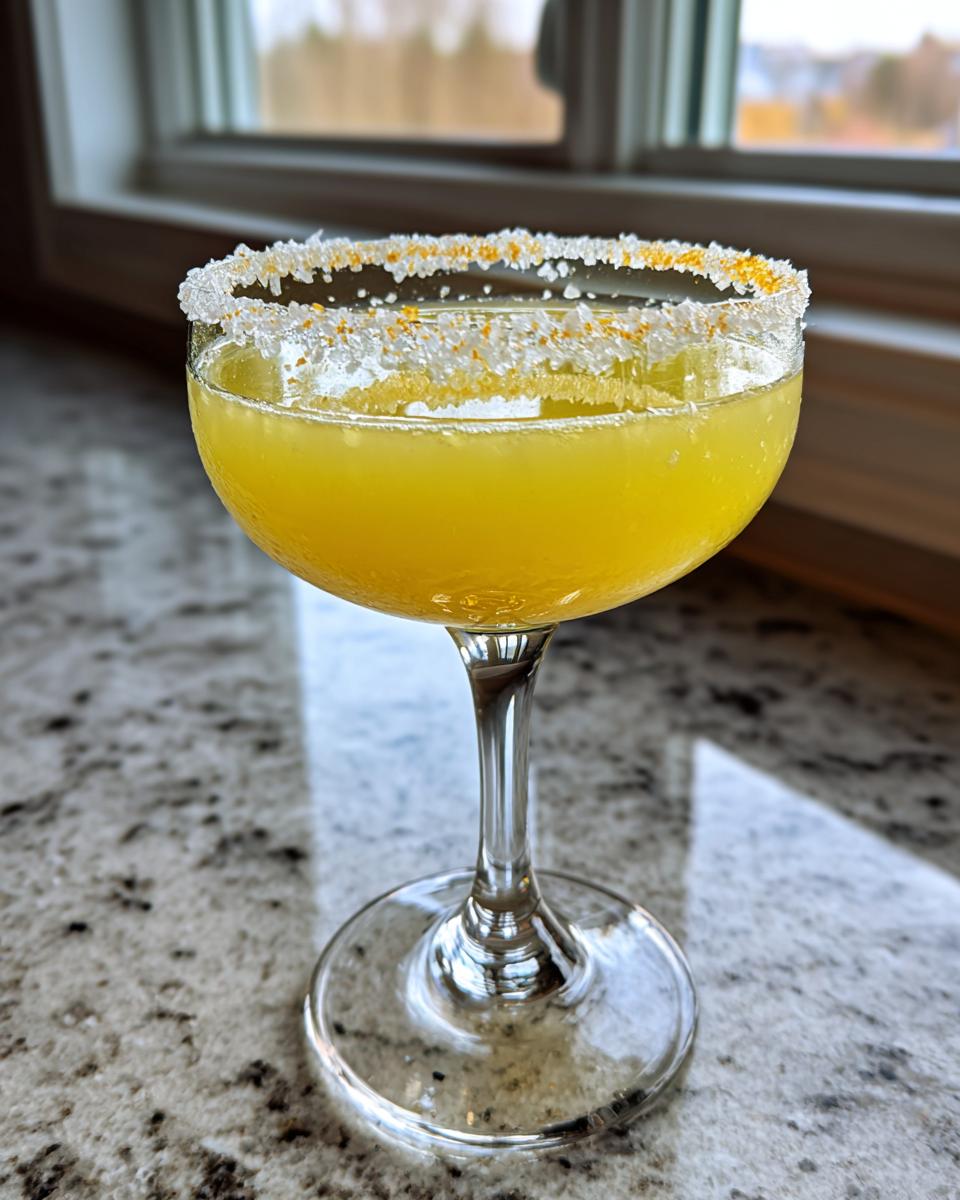 A bright yellow lemon drop martini served in a coupe glass with a thick, sugared rim.