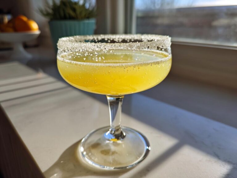 A bright yellow lemon drop martini in a coupe glass with a heavy sugar rim, sitting on a counter near a window.