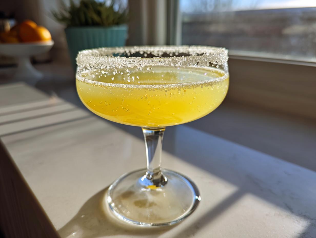 A bright yellow lemon drop martini in a coupe glass with a heavy sugar rim, sitting on a counter near a window.