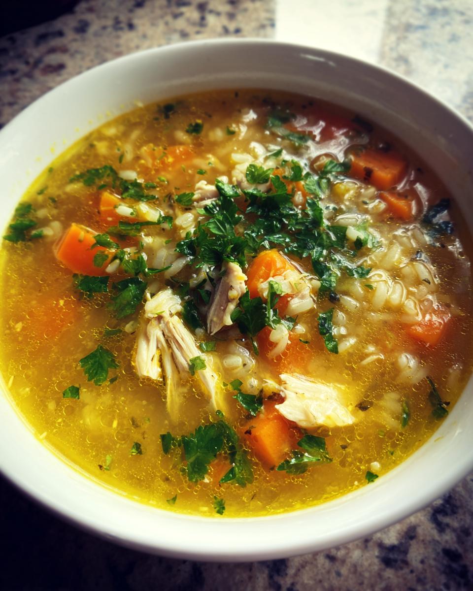 Close-up of a white bowl filled with vibrant Lemon Ginger Turmeric Chicken and Rice Soup, topped with fresh parsley.