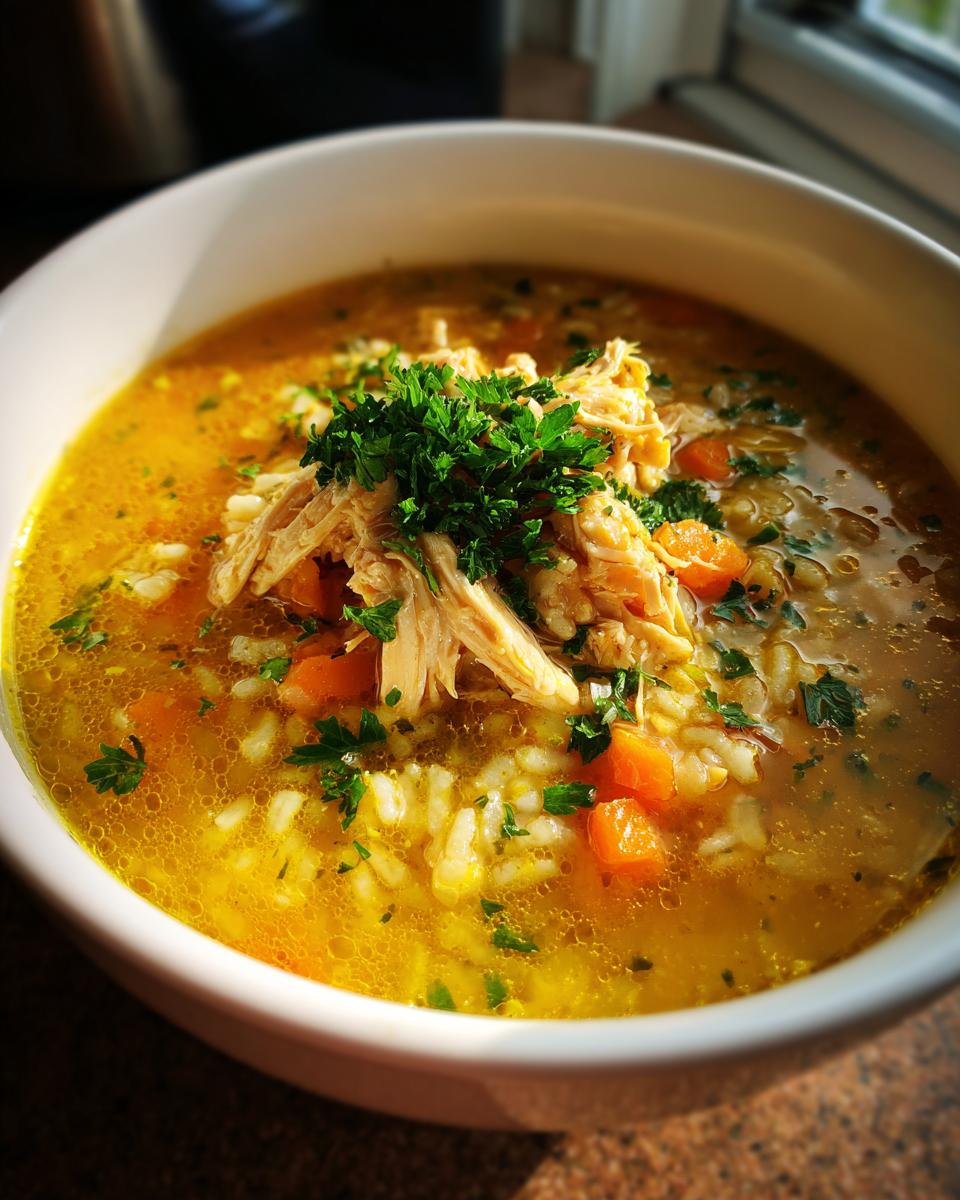 Close-up of a bowl of Lemon Ginger Turmeric Chicken and Rice Soup, topped with shredded chicken and fresh parsley.