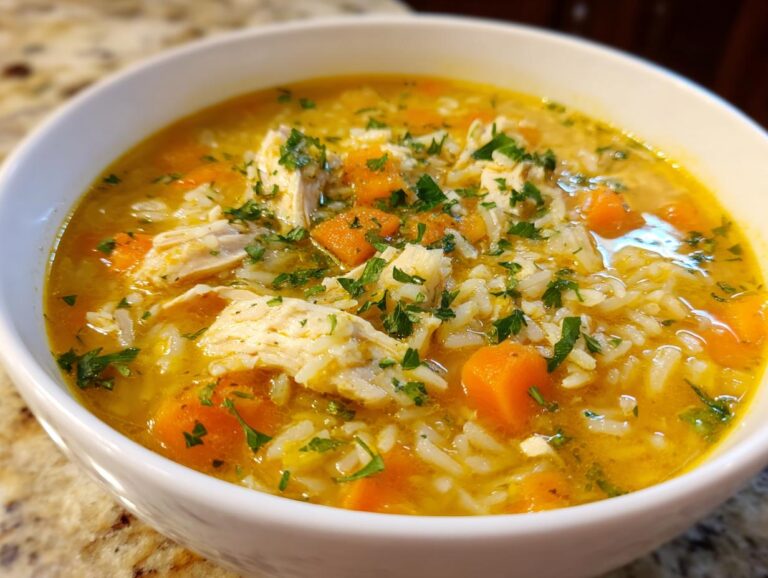 Close-up of a white bowl filled with Lemon Ginger Turmeric Chicken and Rice Soup, featuring shredded chicken, rice, and bright orange carrots.