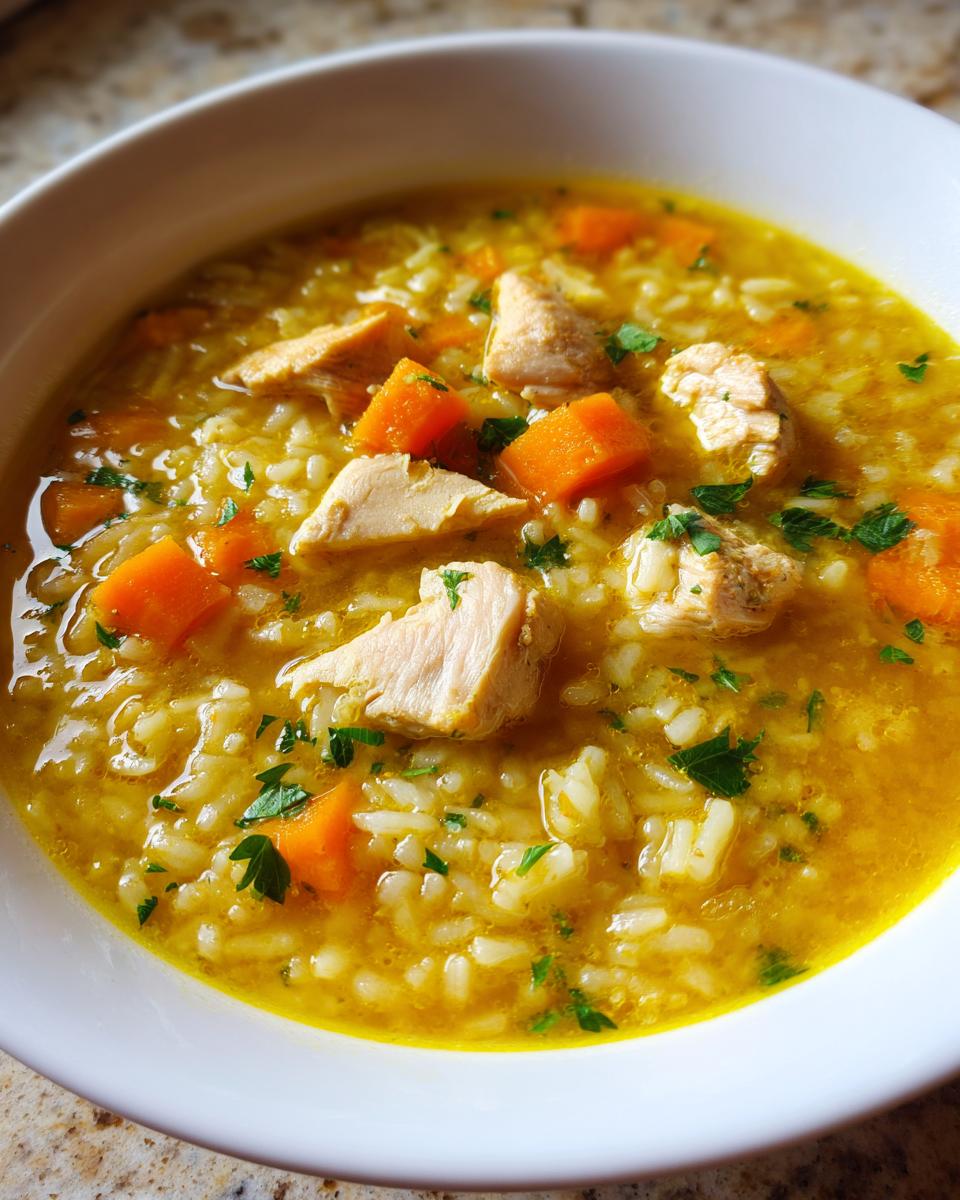 Close-up of a white bowl filled with vibrant yellow Lemon Ginger Turmeric Chicken and Rice Soup, showing chunks of chicken, rice, and carrots.