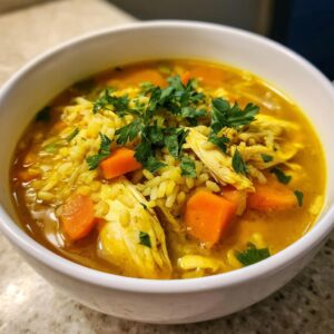 Close-up of a white bowl filled with vibrant yellow Lemon Ginger Turmeric Chicken and Rice Soup, topped with shredded chicken, carrots, and parsley.