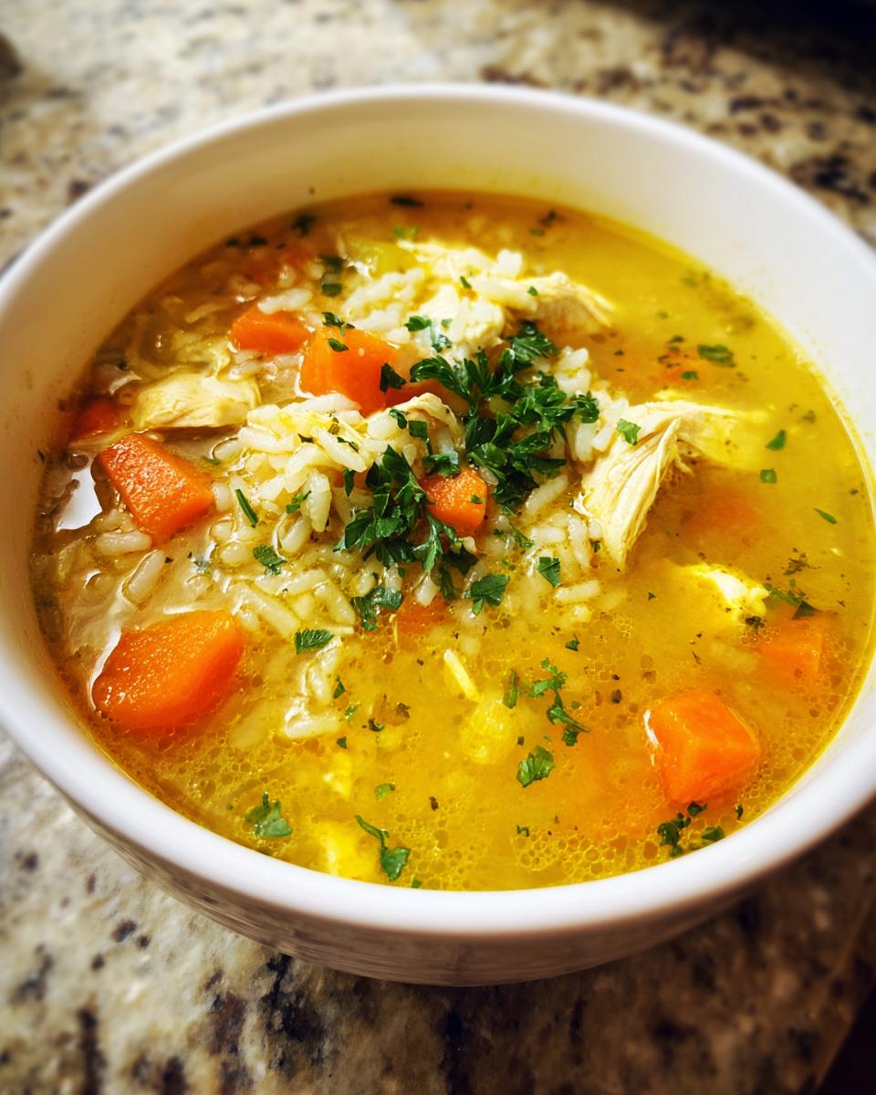 Close-up of a white bowl filled with vibrant yellow Lemon Ginger Turmeric Chicken and Rice Soup, topped with rice, carrots, and parsley.