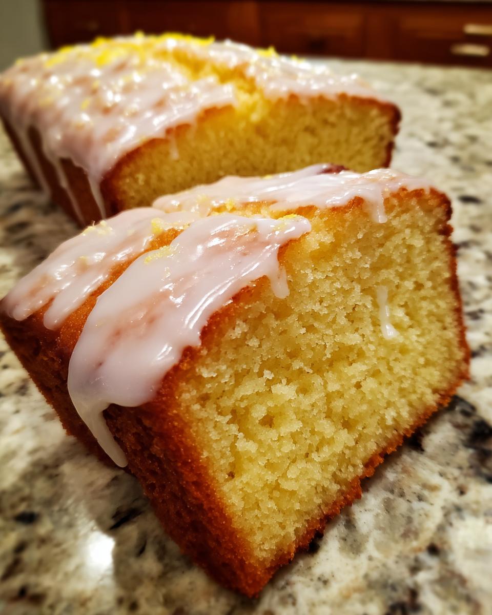 Close-up of a moist slice of lemon pound cake topped with thick white glaze and lemon zest.