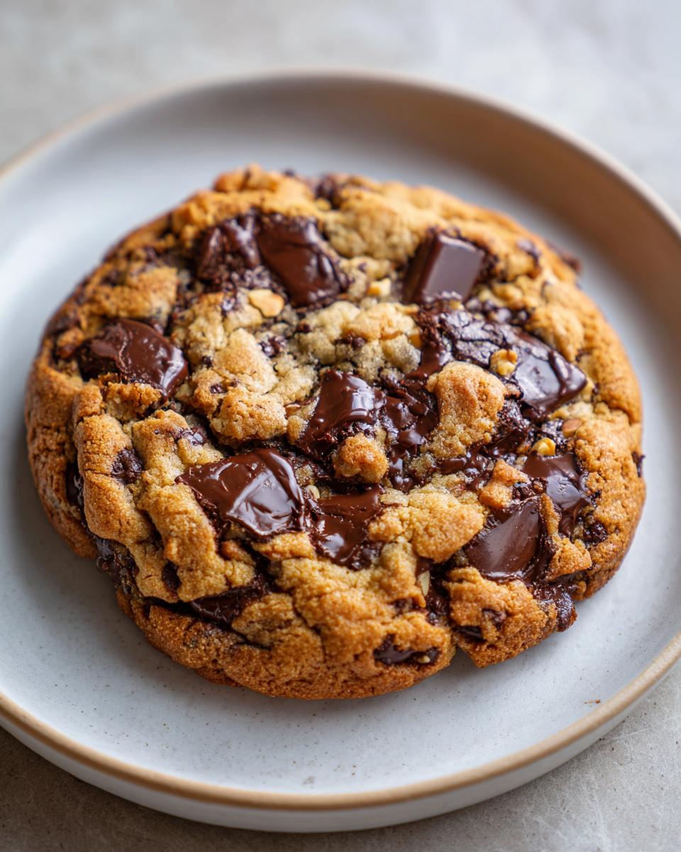 A thick, gooey Levain Bakery chocolate chip cookie loaded with melted chocolate chunks on a light plate.