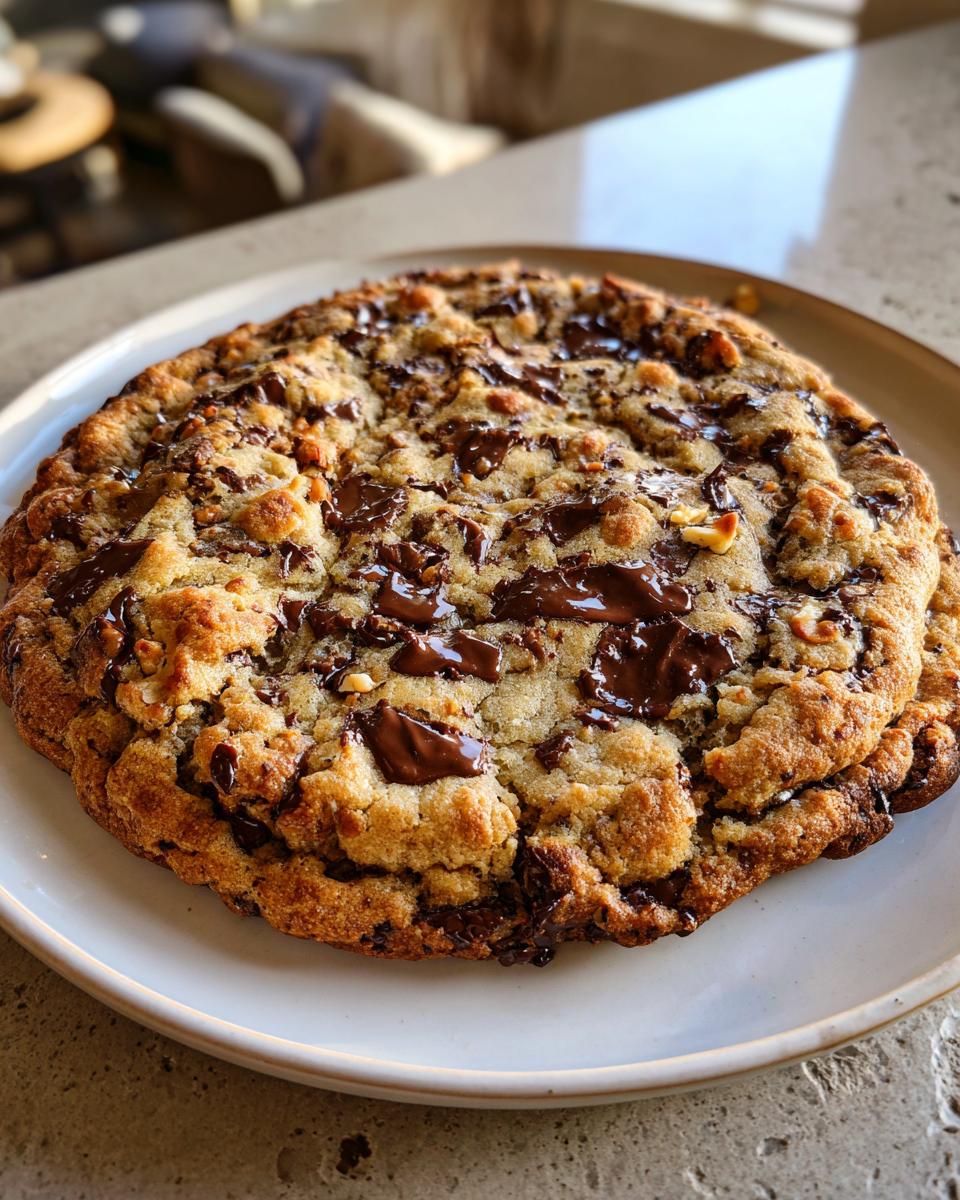 A giant, thick levain bakery chocolate chip cookie, golden brown with melted chocolate chunks.