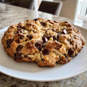 A giant, thick homemade levain bakery chocolate chip cookie loaded with dark chocolate chunks and walnuts on a white plate.