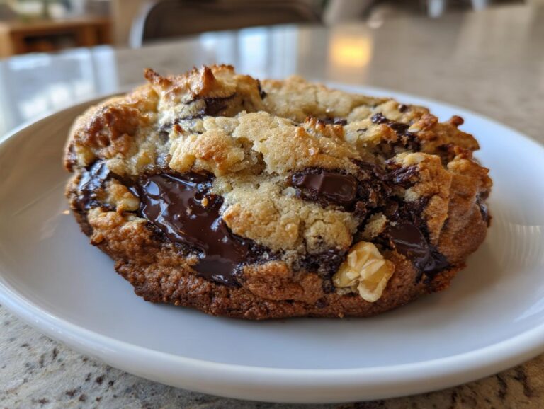 A thick, gooey Levain Bakery chocolate chip cookie featuring melted dark chocolate pools and visible walnuts on a white plate.