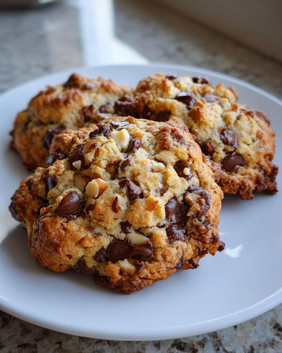Close-up of thick, chunky levain bakery chocolate chip cookies loaded with dark and white chocolate chunks and nuts on a white plate.