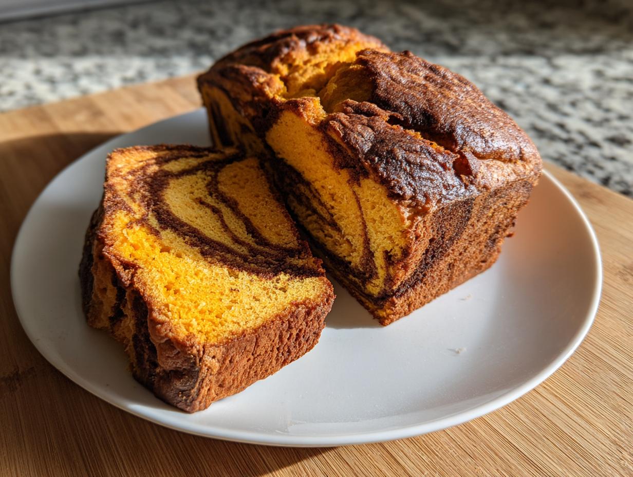 Two slices of marbled pumpkin sourdough loaf showing bright orange and dark chocolate swirls, served on a white plate.