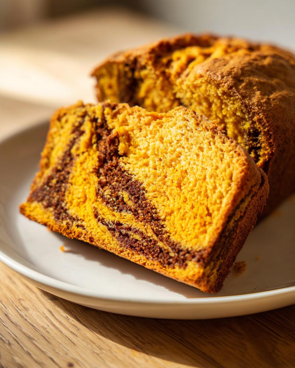 A close-up of a thick slice of marbled pumpkin sourdough bread showing bright orange and dark chocolate swirls on a white plate.