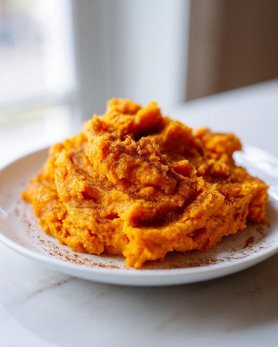 A vibrant mound of fluffy mashed sweet potatoes, generously dusted with cinnamon.