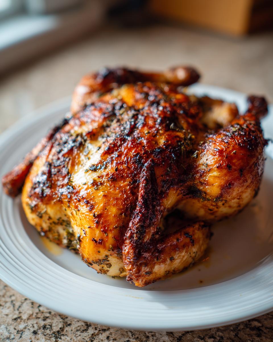A beautifully roasted whole chicken with golden-brown, crispy, herb-seasoned skin resting on a white plate.