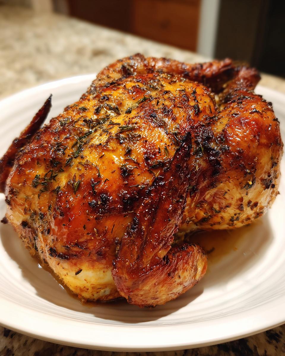 A beautifully roasted whole chicken with dark, crispy, herb-crusted skin resting on a white plate.