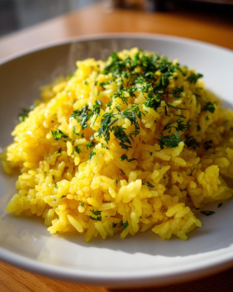 Close-up of bright yellow mediterranean rice steaming on a white plate, topped with chopped fresh parsley.