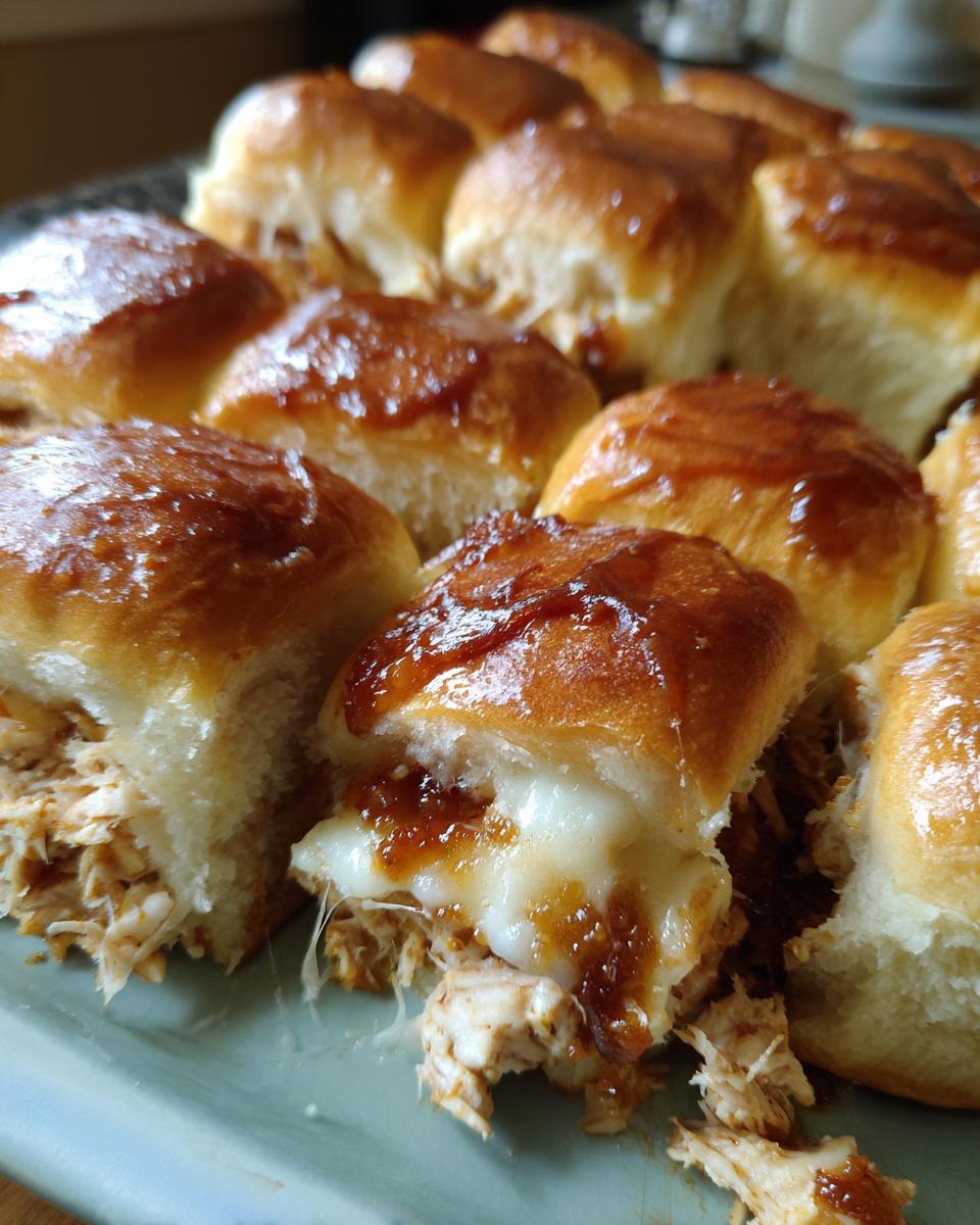 Close-up of freshly baked bbq chicken sliders with melted cheese oozing out of a pulled chicken filling.
