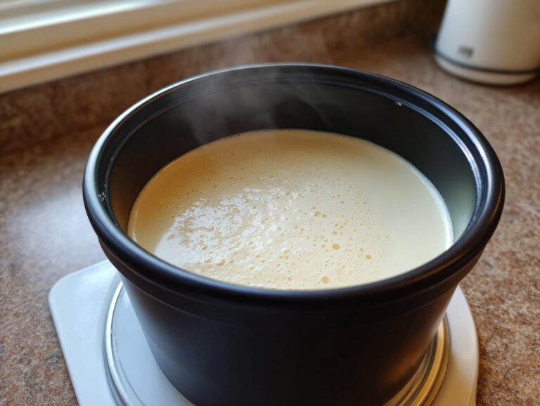 Close-up of creamy, light yellow liquid melting in a black pot, steaming slightly, part of the cheese fondue recipe process.