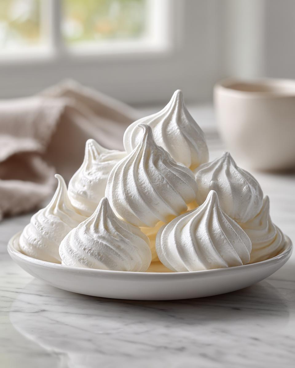 A close-up of several perfectly piped, white meringue cookies piled on a small white dish.