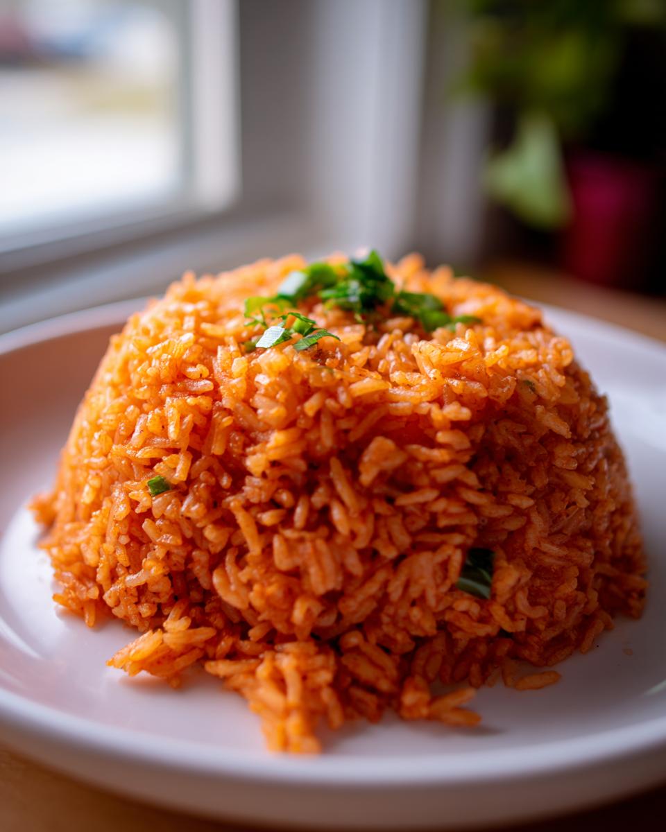 A mound of vibrant orange Mexican rice recipe served on a white plate, garnished with chopped green herbs.