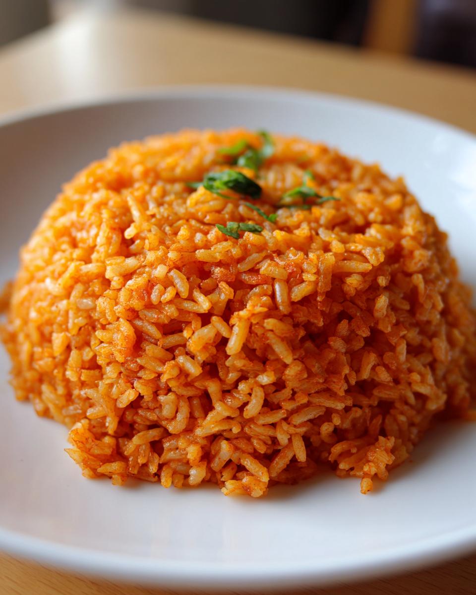 A close-up of a perfectly molded mound of vibrant orange Mexican rice recipe, garnished with fresh green herbs.