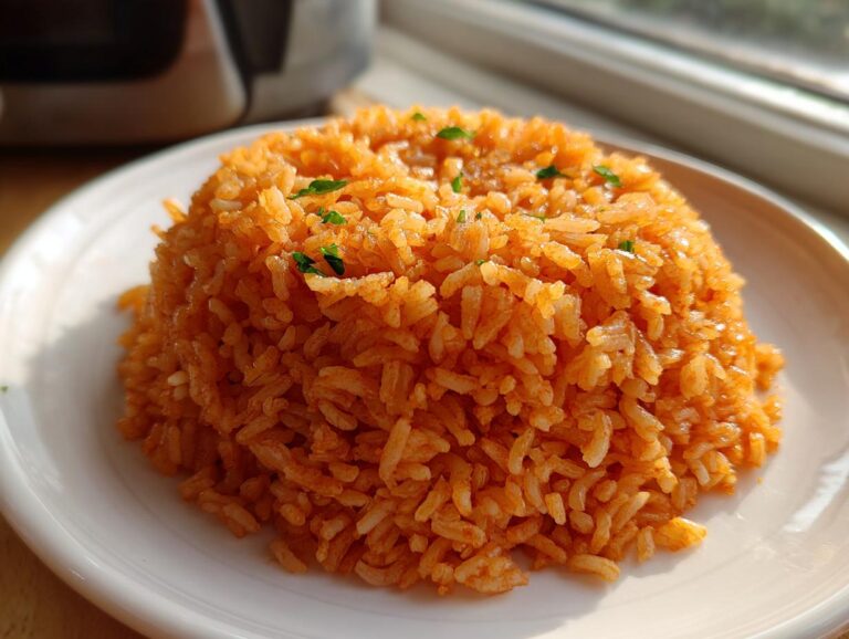 A mound of vibrant orange Mexican rice, garnished with green herbs, served on a white plate.